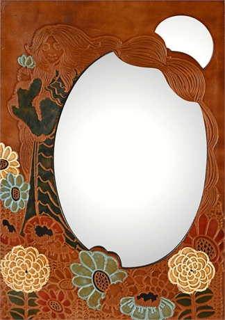 1970s Art Nouveau Style Tooled Leather Mirror – Hand Painted, 16" x 11"