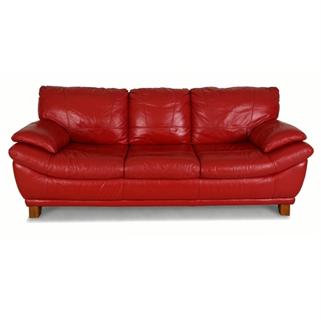 Red Full-Grain Leather 3-Seat Sofa – Contemporary Transitional Style, Wood Legs