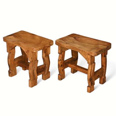 Pair of Ox Yoke (Yugo) Style Stools – Solid Pine, Handcrafted in Mexico