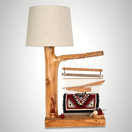 Navajo Mini Loom Lamp w/ Wool Rug Sampler Linen Shade