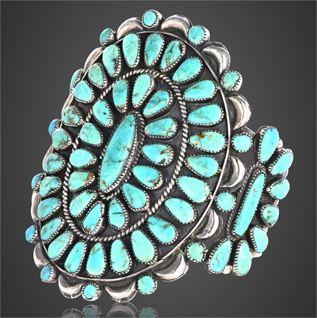 Navajo BTC Sterling Silver Turquoise Petit Point Cluster Cuff Bracelet, 83g