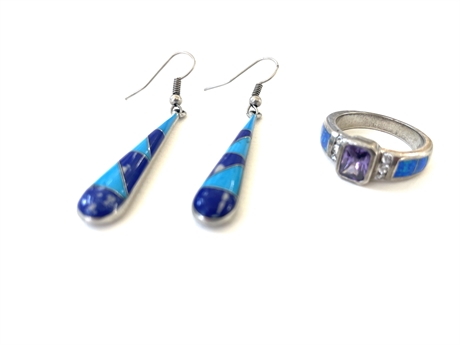 Sterling Silver Opal & Tanzanite Ring With Lapis / Turquoise Earrings