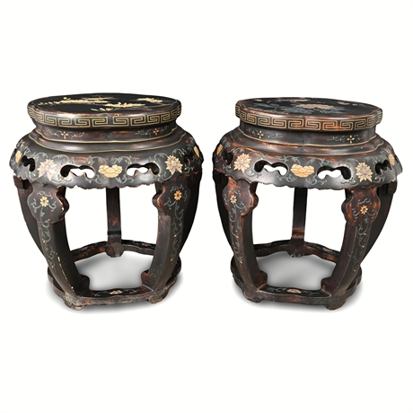 18" Pair of Chinese Coromandel-Style Lacquer Stands — Birds & Floral Motifs