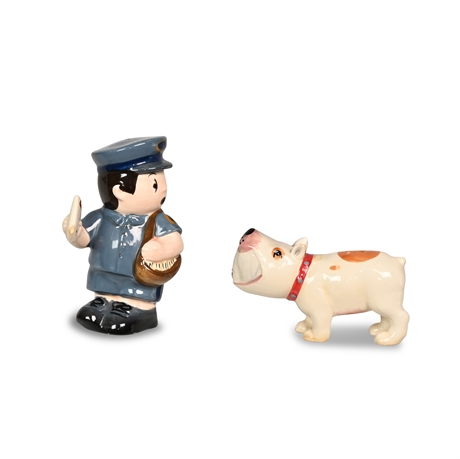 Vintage Kitschy 'Postman and Bad Dog' Magnetic Salt and Pepper Shakers