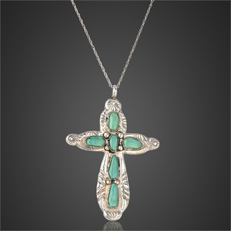 Horace Iule Zuni Sterling Silver Turquoise Cross Pendant Necklace