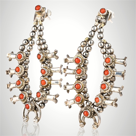 Sterling & Coral Squash Blossom Earrings