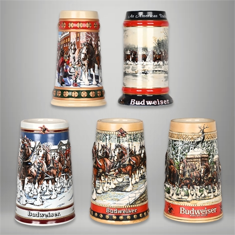 (5) Budweiser Clydesdale Steins – Follow the Hitch Through Winter’s Glow