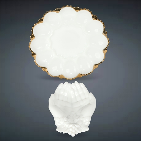 Mid-Century Milk Glass: Fire King Deviled Egg Plate & Westmoreland Open Hands