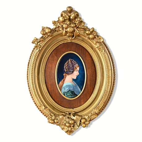 P. Bonnaud Limoges Enamel Portrait, Russian-Dressed Maiden, Gilt Frame