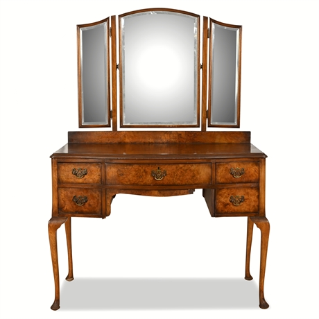 Antique Queen Anne-Style Vanity with Trifold Mirror & Chair