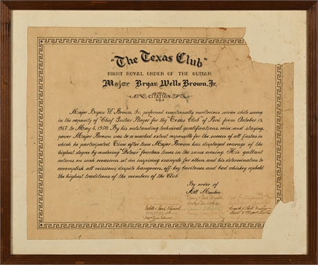 The Texas Club Right Royal Order of the Guitar - Major Bryan Wells Brown Jr. Cit