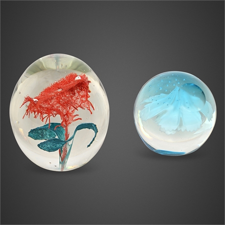 Vintage Art Glass Paperweights – Red Flower & Blue Floral Pair