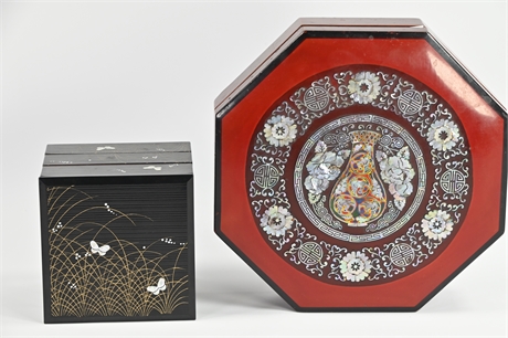 Pair Vintage Inlaid Mother Of Pearl Lacquer Jewelry Boxes