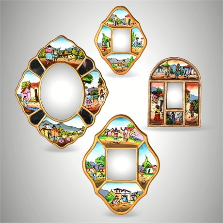 Set of 4 Reverse Painted Peruvian Folk Art Mirrors – Handmade