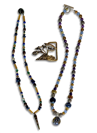Metal Goddess Necklace, Bronze Tree Belt Buckle, Glass Peace Necklace - Set of 3