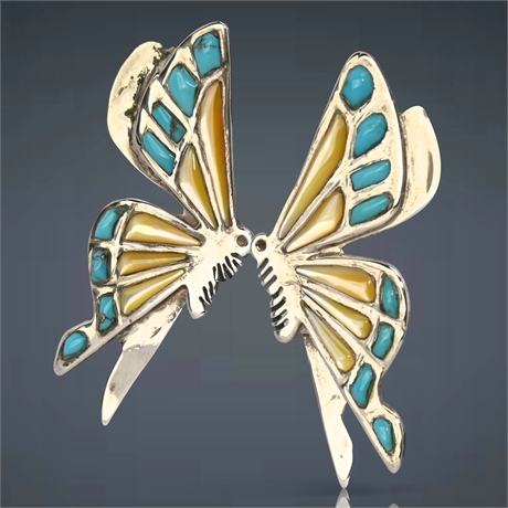 Zuni Sterling Silver Butterfly Earrings with Turquoise and Mother of Pearl