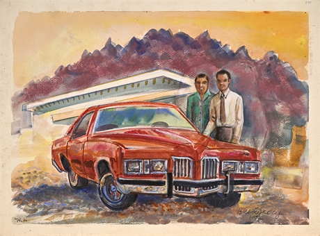 Bill Rakocy "Red Auto" 1976 Watercolor — Portrait of El Paso Car Dealer Dick Poe