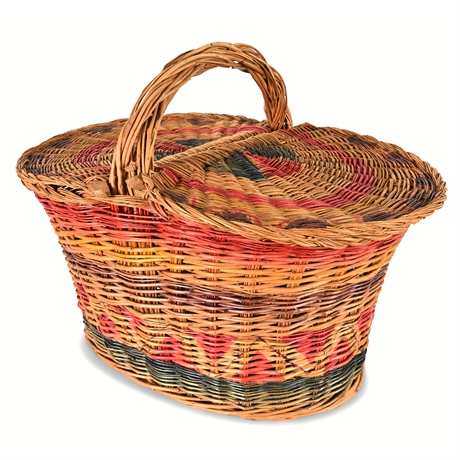Vintage Woven Wicker Picnic Basket with Dual Hinged Lids – Multicolor