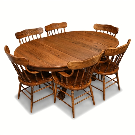 Oak Pedestal Dining Table & 6 Arm Chairs – Claw Feet, Pads, Leaf Included