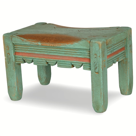 Rustic Hand-Carved Ponderosa Pine Stool - Distressed Green Finish