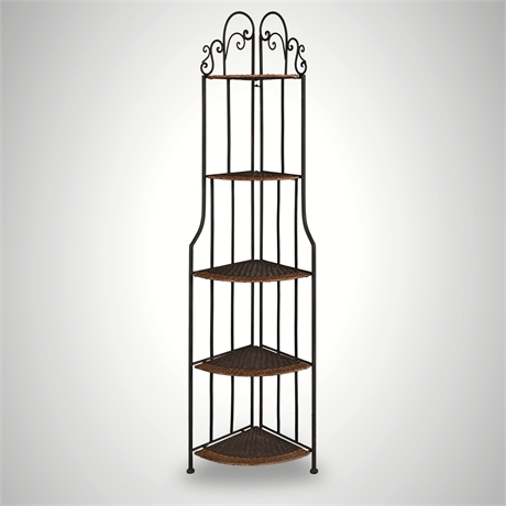 Wrought Iron & Woven Wicker Five-Tier Folding Corner Étagère