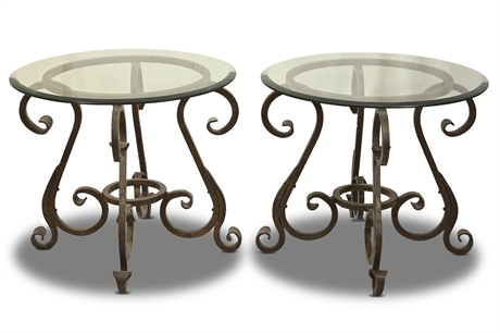 Heavy Wrought Iron & Glass Side Tables