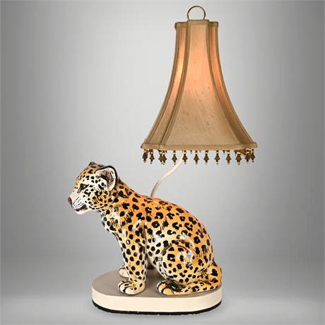 Italian Majolica Ceramic Leopard Cub Lamp w/ Shade – Inline Switch