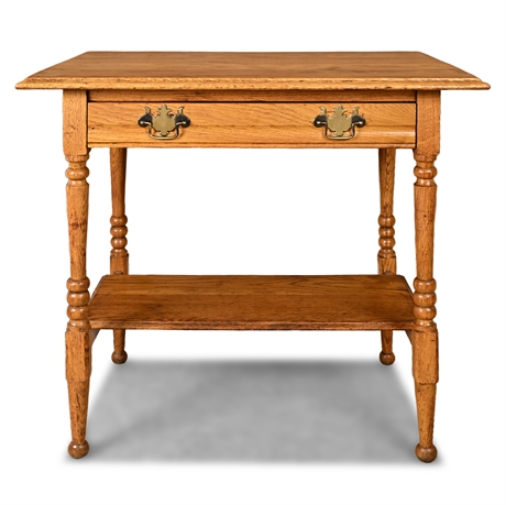 Antique Solid Oak Parlor Table — Divided Drawer, Turned Legs, Brass Pulls