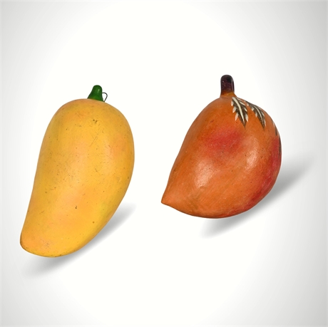 Mexican Folk Art Hand-Painted Terracotta Mango & Peach Banks, Pair