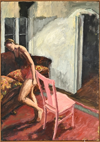 Julie Heffernan, Interior Figure with Pink Chair — Early Work, Signed