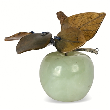 Mid-Century Carved Jadeite Apple with Hardstone Leaves — 3", 6.8 oz