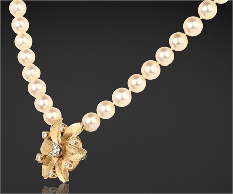 28" Cultured Pearl Necklace – 14K Gold Diamond Flower Pendant, 1.25ct