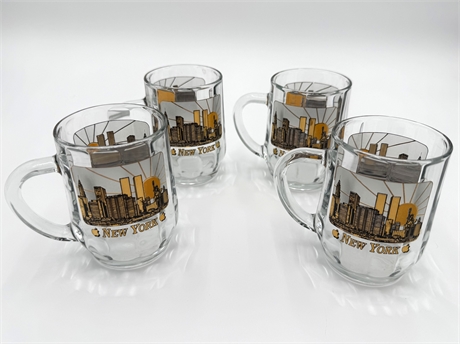 Set of 4 Vintage New York Skyline Glass Mugs, Gold & Black Lettering