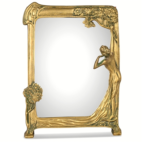 Antique Art Nouveau Brass Figural Mirror, Lady & Floral Motif, 10" x 13.75"