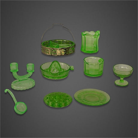 9-Piece Uranium Glass Lot — Juicer, Flower Frog, Candlestick & Silver-Caddy