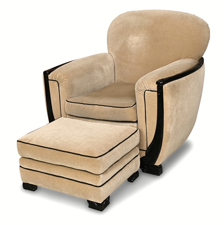Art Deco Cloud-Back Club Chair & Ottoman in Mohair with Ebonized Carved Frame