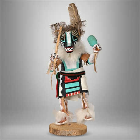 “Badger” Kachina Doll by Largo – Carved Wood, Leather & Feathers, Signed