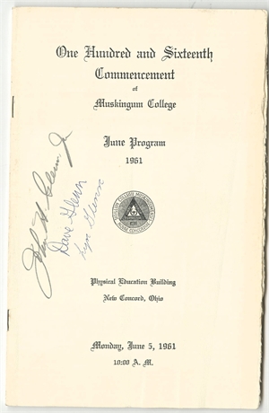 Astronaut John Glenn Family-Signed 1961 Muskingum Commencement Program