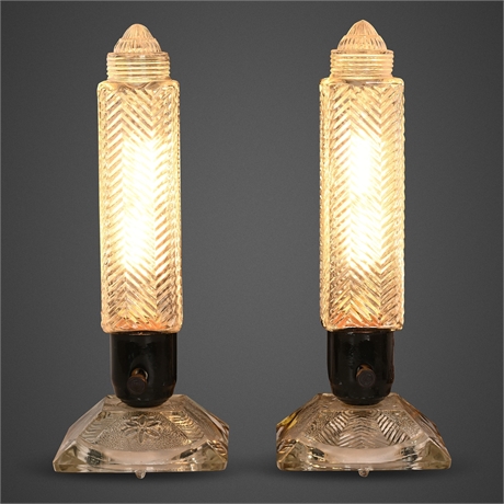 Pair 1930s Art Deco Skyscraper Boudoir Lamps in Pressed Glass