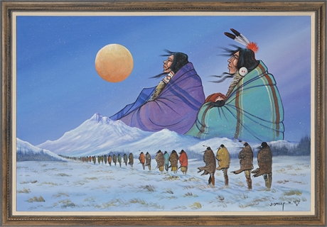 J. Yazzie 1986 Native American Oil Painting – Signed w/ Buffalo Remarque, Framed