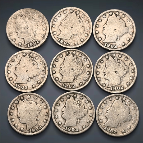 (9) 1902 Liberty Head V Nickels