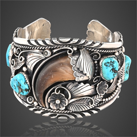 Navajo Sterling Silver Turquoise & Claw Cuff Bracelet Signed ET