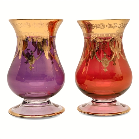 SC Line Italian Amethyst & Ruby Art Glass Vases w/ Ornate Gold Overlay