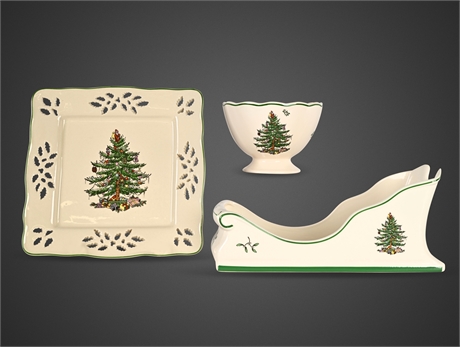 Spode Christmas Tree 3‑Piece Set (S3324): Sleigh, Bowl & Pierced Tray