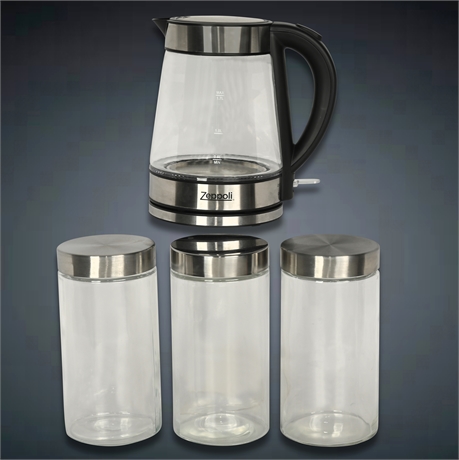 Zeppoli Model ZPL-Kettle with 3 Glass Canisters, Stainless Steel Finish