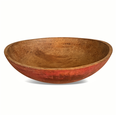 Antique Turned Wood Dough Bowl — Original Red Paint