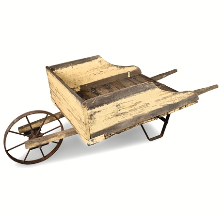 Rustic Yellow Painted Wooden Wheelbarrow with Iron Wheel — 69” Long