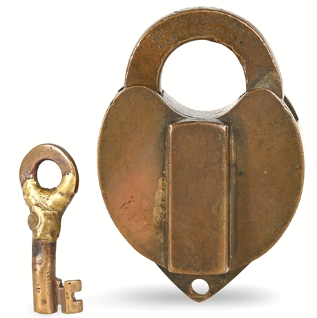 1885 Wilson Bohannan Brass Padlock with Key, Heart-Shaped Design