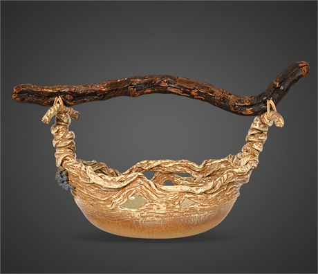 Marilyn Stover “Grape Vine” Hand-Sculpted Pottery Basket w/ Burl Handle