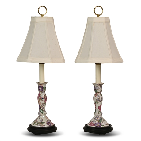 Pair 24" Vintage Ceramic Chinoiserie Buffet Lamps